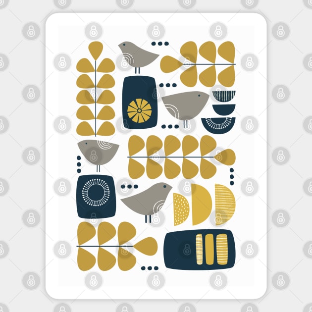 Retro Mid Century Modern Bird and Leaves in Navy Blue, Mustard Yellow and Grey Magnet by tramasdesign